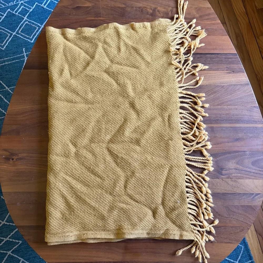 IKEA OMTÄNKSAM Woven 100% Wool Fringe Throw Blanket, Mustard Yellow
